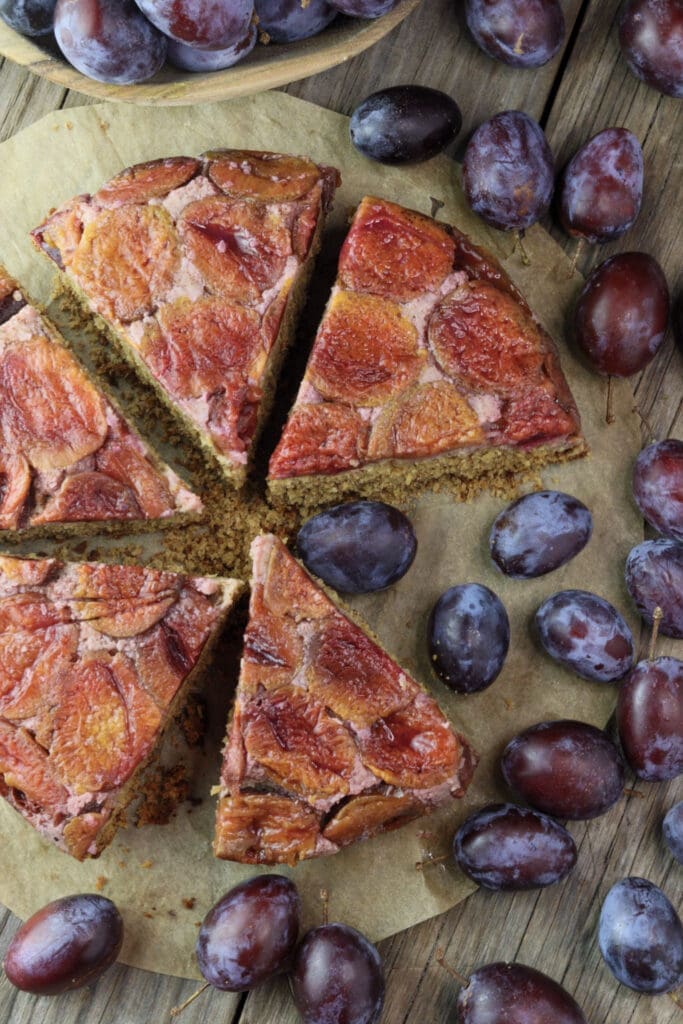 The best recipe that produces 6 pieces of upside down buckwheat plum cake.